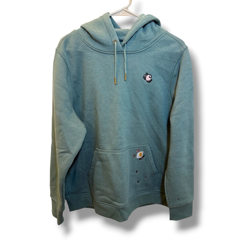 Carhartt Floral Embroidered Hoodie Women XL Blue Relaxed Fit Pullover Sweatshirt
